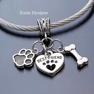 Paw Print Fur Baby Bestfriend Heart & Bone Charm for Bracelet Bangle Necklace